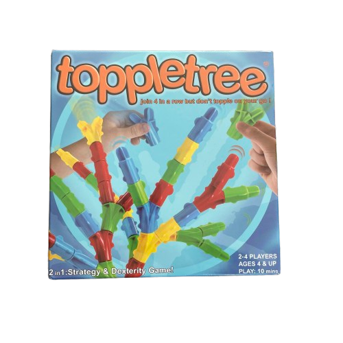 Toppletree game in a square blue box with a picture of kids hands playing with the block pieces. 