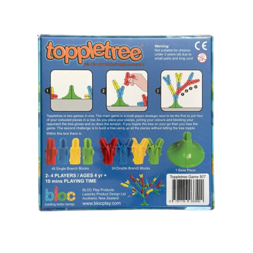 Back of a blue game box for the Toppletree game showing playing directions and contents.