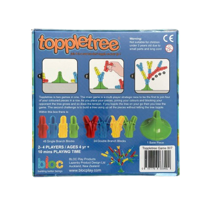 Back of a blue game box for the Toppletree game showing playing directions and contents.