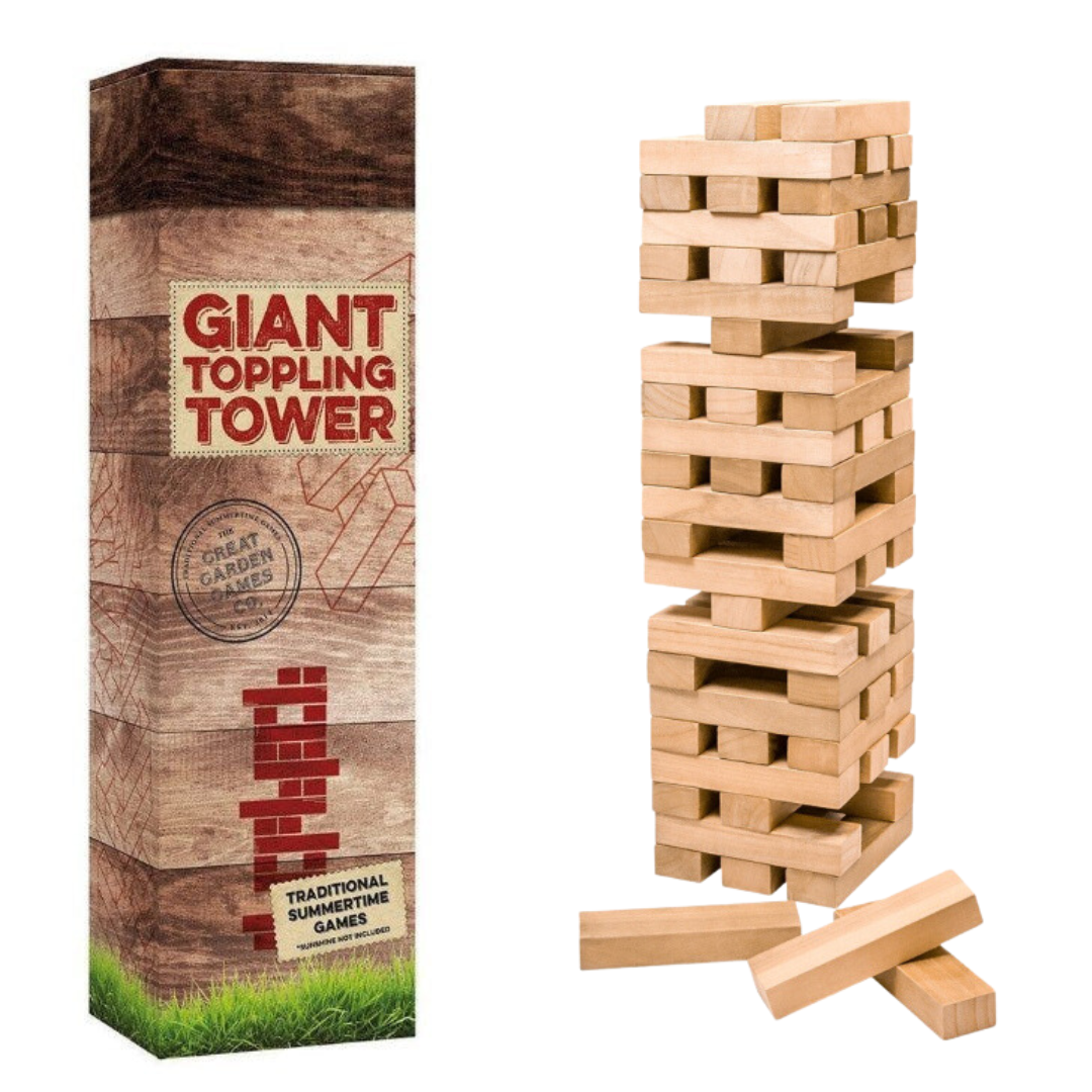Wooden toppling tower garden game set.