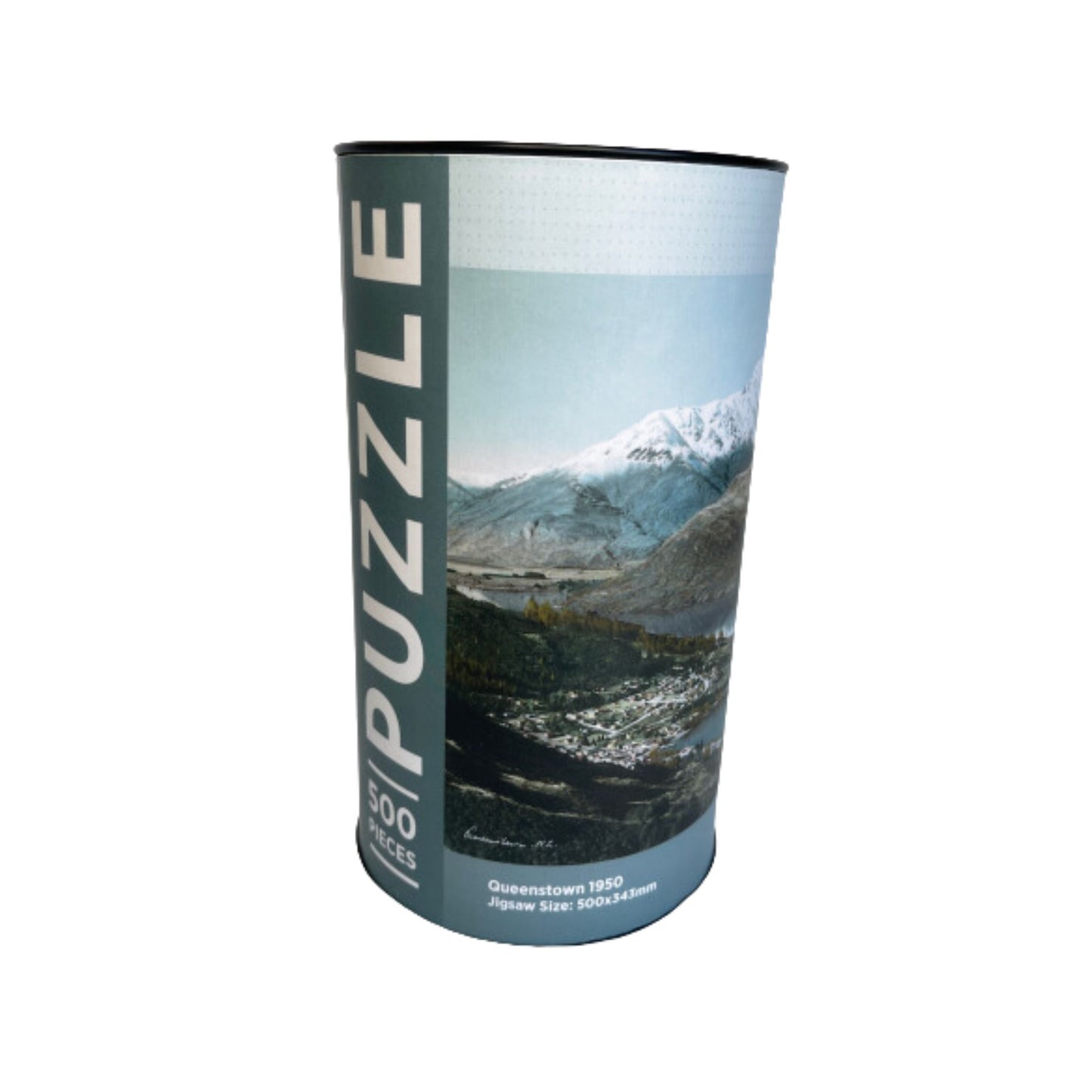 Cardboard tube with a jigsaw puzzle inside featuring artwork of the Queenstown.