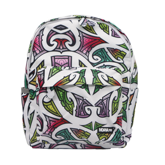Kids backpack in white with colourful Maori design by Miriama Grace Smith.
