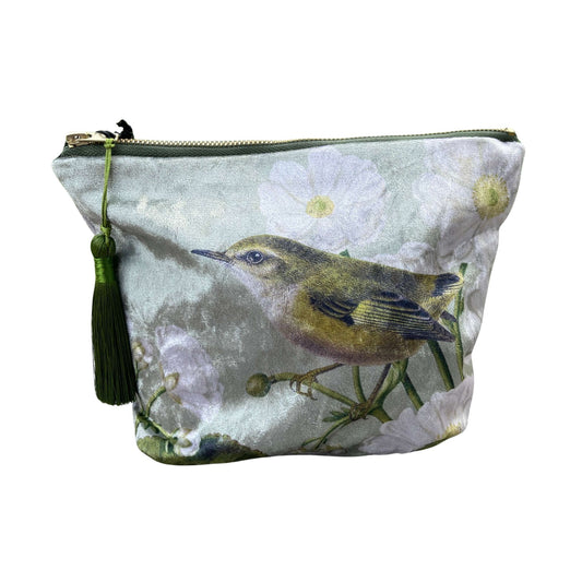 Velvet cosmetic bag featuring a Rifleman bird and Mt Cook Lily.