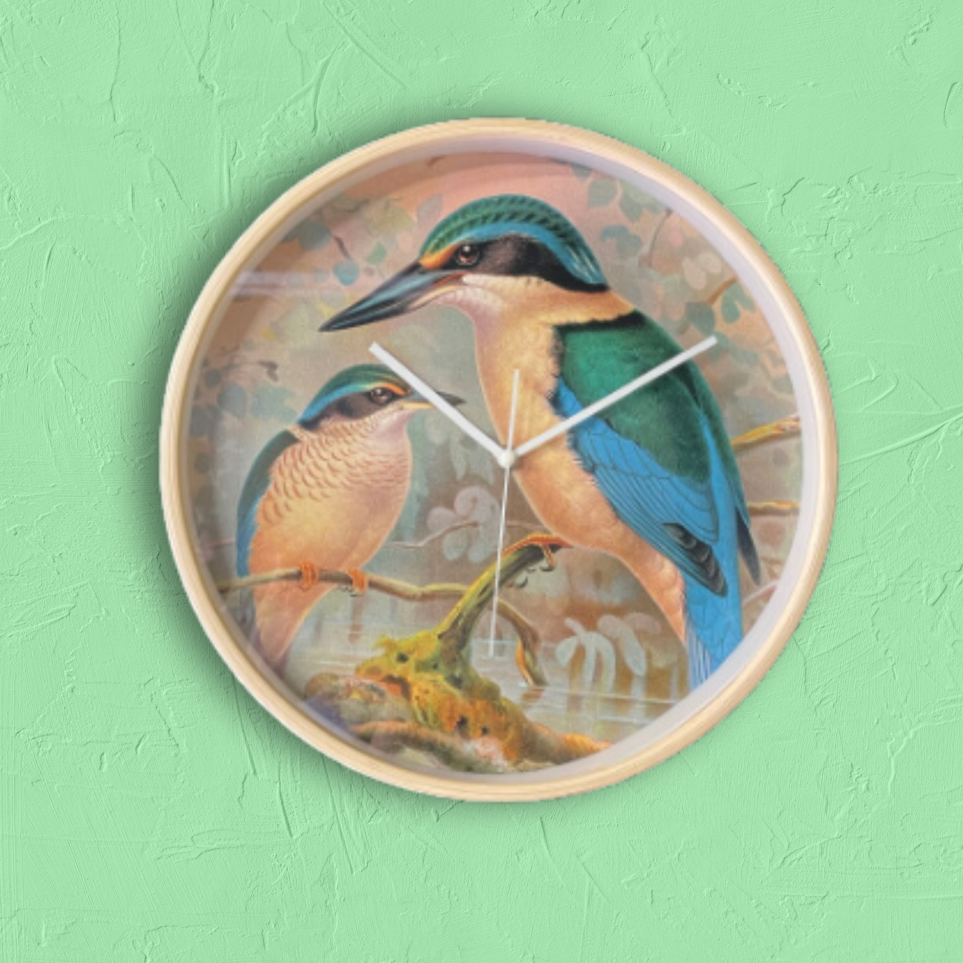 Wooden framed clock with pair of Kingfisher birds pictured on the face.