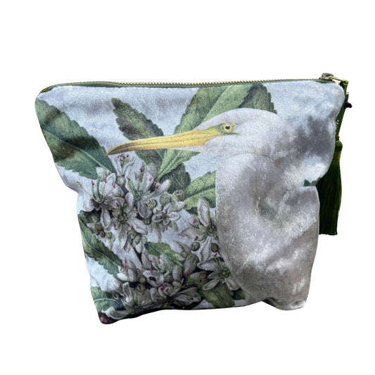 Velvet cosmetic bag with a white heron and botanical print.