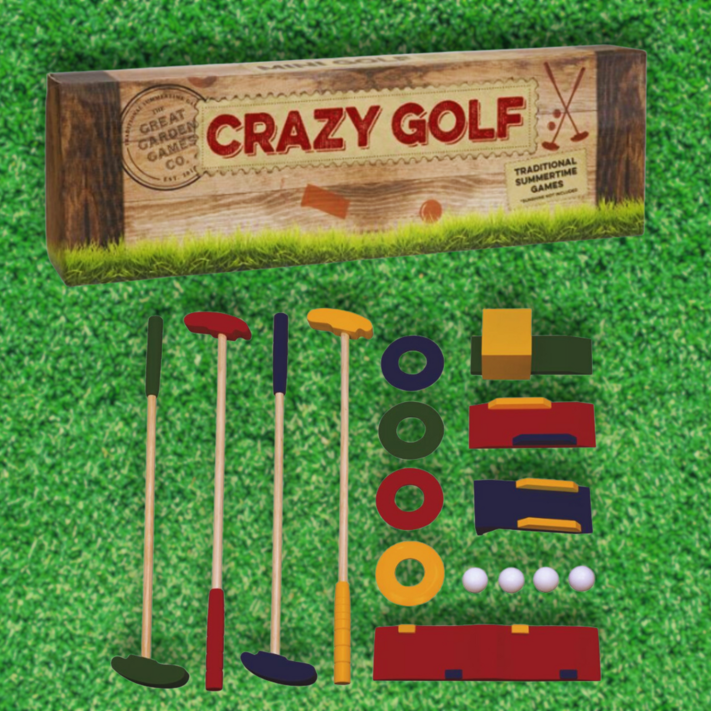 Wooden mini golf set for children.