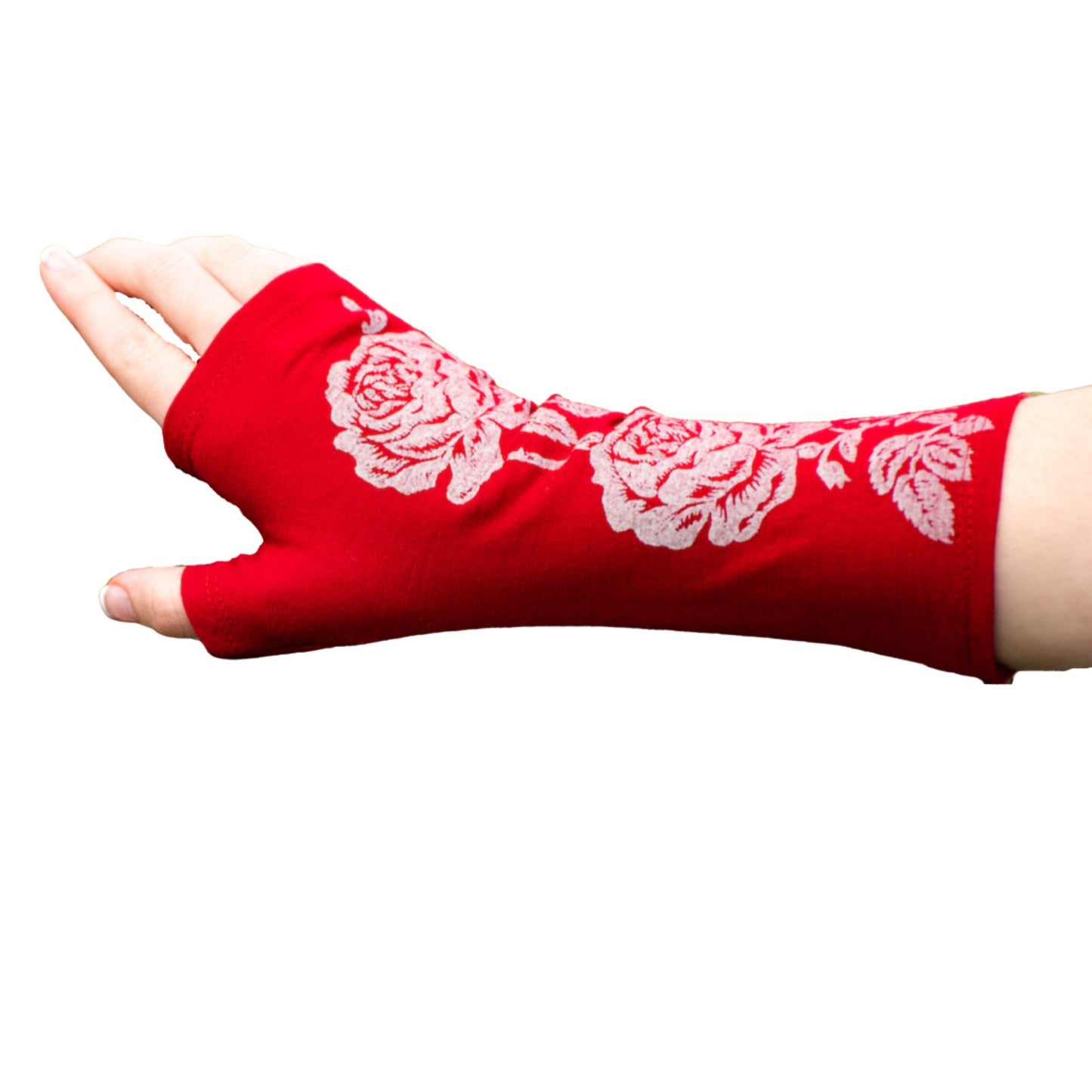 Fingerless merino gloves in red with white rose print.