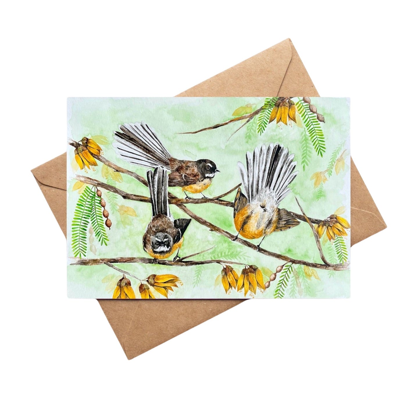 Greeting card by artist Leah Ingram featuring Fantails birds amongst Kowhai flowers.