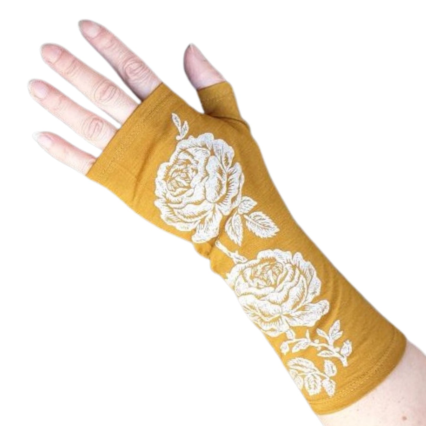 Mustard Merino fingerless gloves with rose design