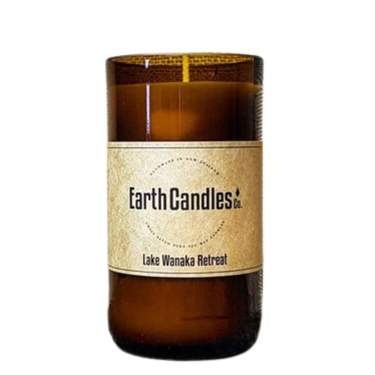 Lake Wanaka Retreat Soy Candle from Earth candles. Proudly made in New Zealand from re purposed bottles. This one is 200 grams