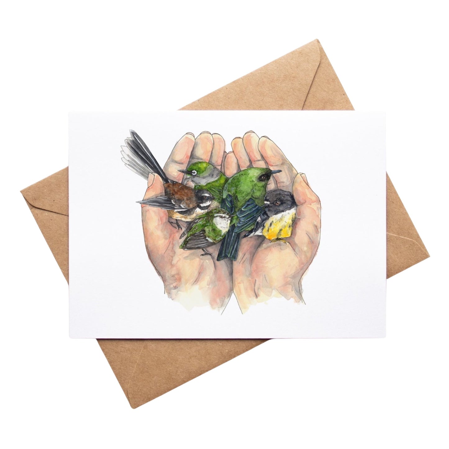 Greeting card by Leah Ingram Artist featuring 2 hands holding 5 small New Zealand native birds.
