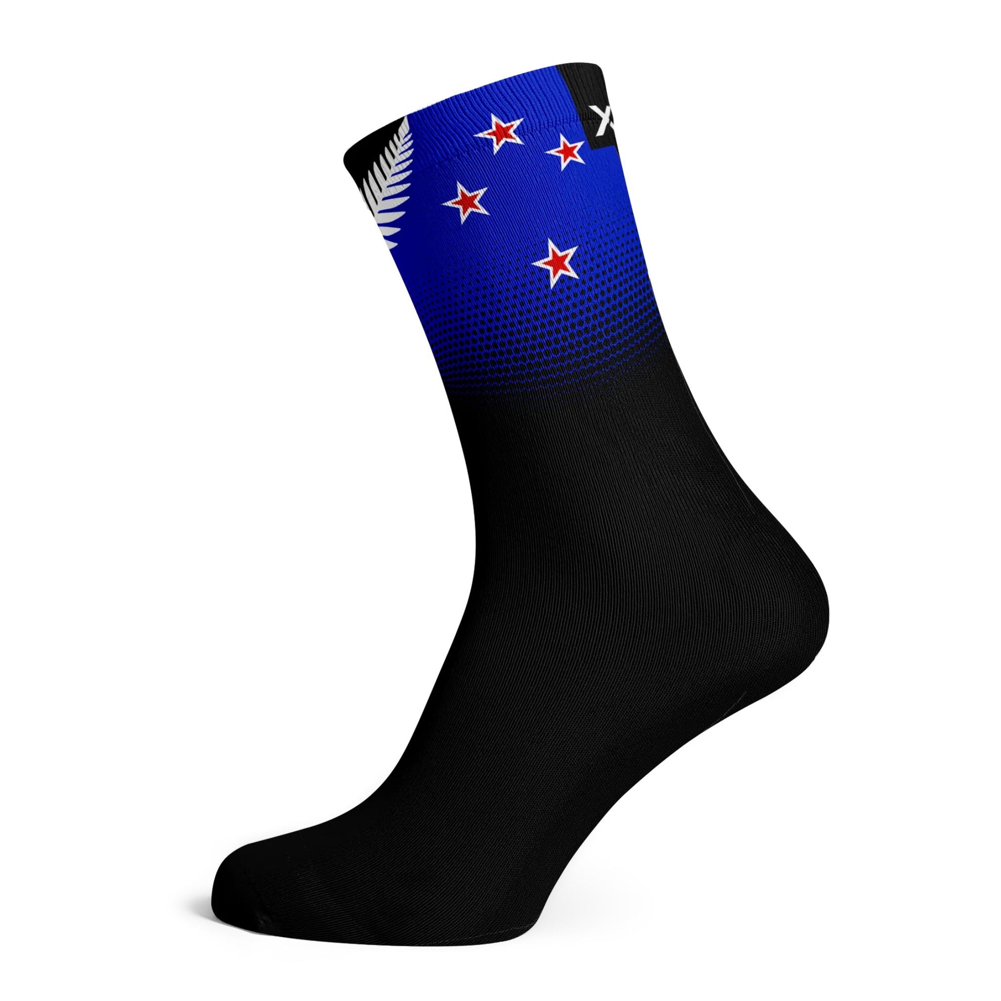 New Zealand Silver Fern Black Sock on white background with blue band and southern cross stars