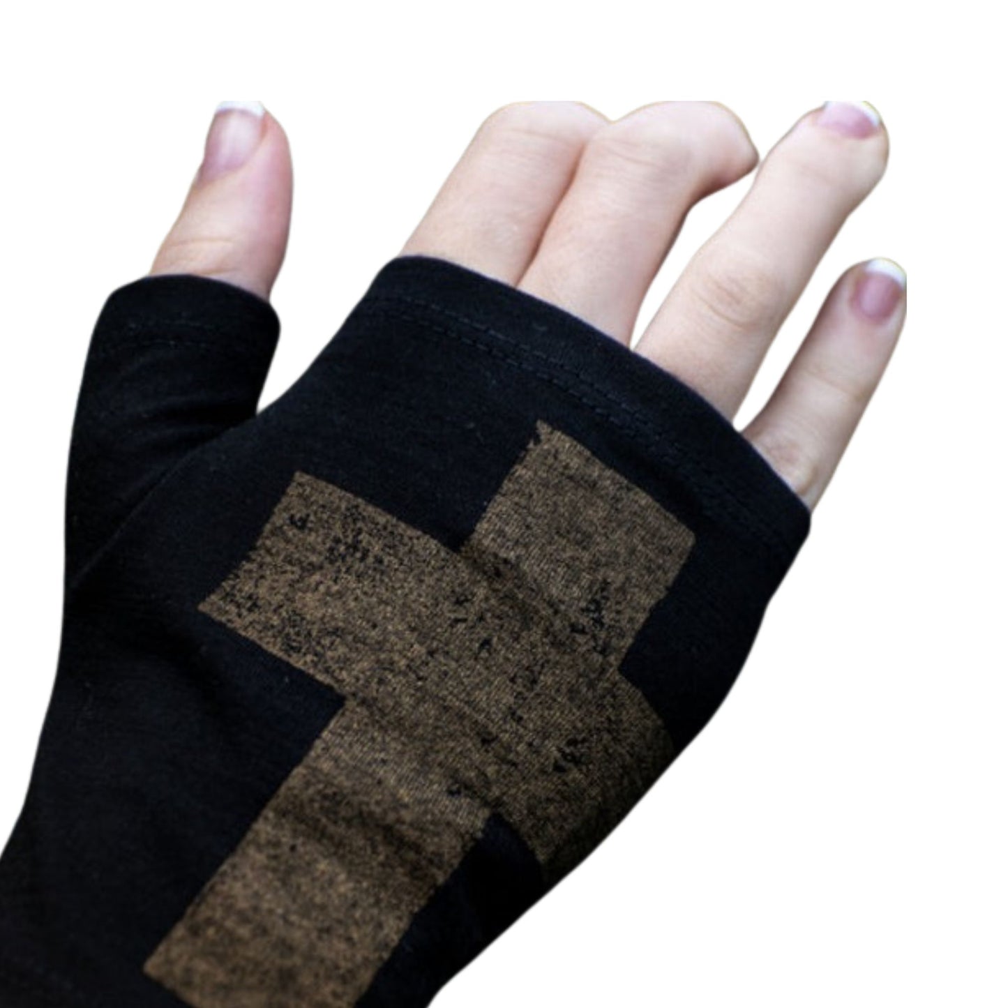 Black merino fingerless glove with bronze cross.