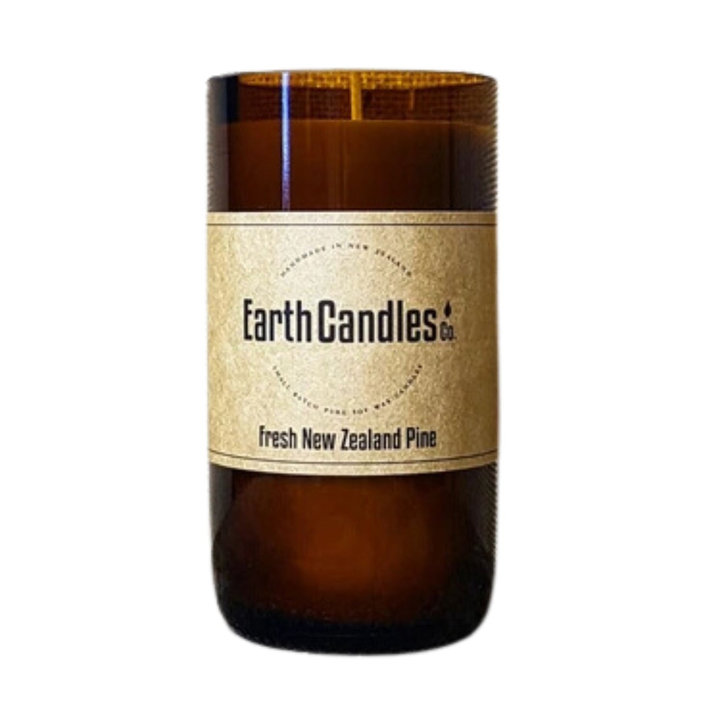 Fresh New Zealand Pine Soy candle. Proudly made in New Zealand by Earth Candles. 200 gram candle in re purposed brown glass bottle.