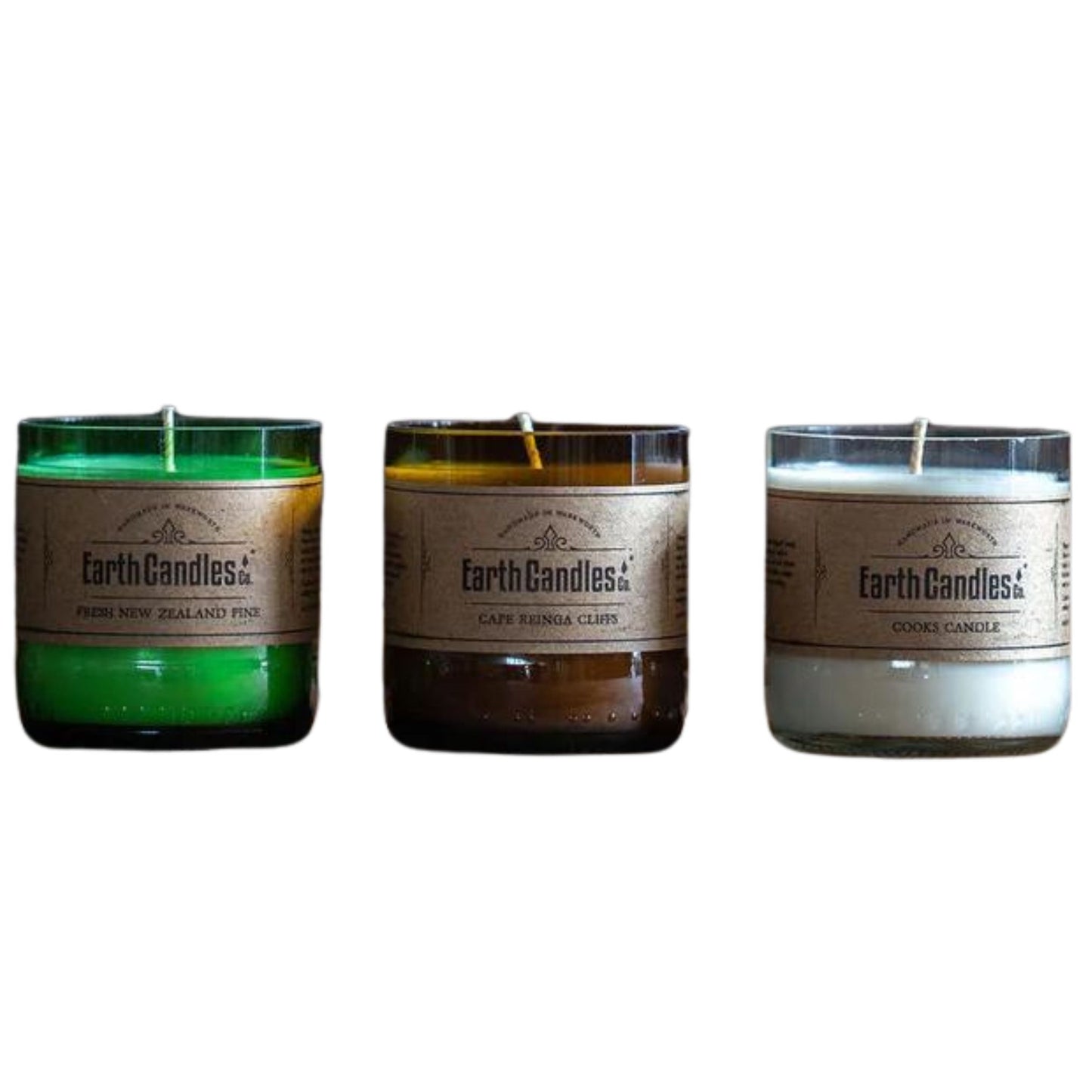 Fresh New Zealand Pine 100g tealight Earth Candles. Made in re purposed bottles. This is a pack of 3 