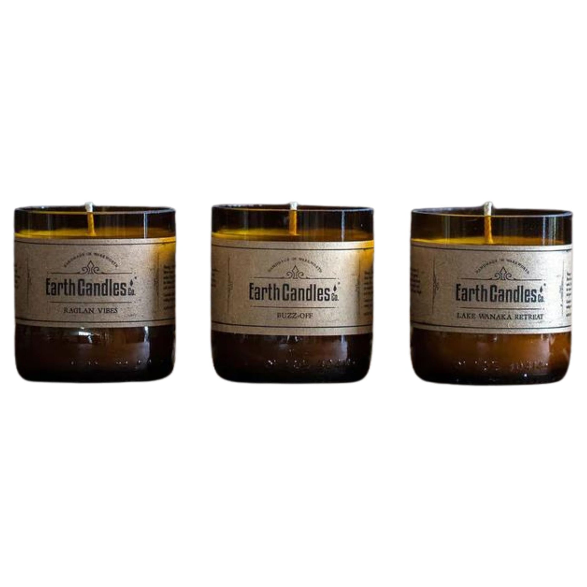 Raglan Vibes inspired 100g tealight Earth Candles. Made in re purposed bottles. This is a pack of 3