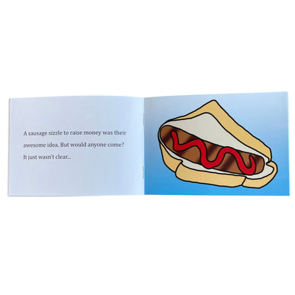 Sausage Sizzle - soft cover children's story book. Inside pages showing text and images from the story.