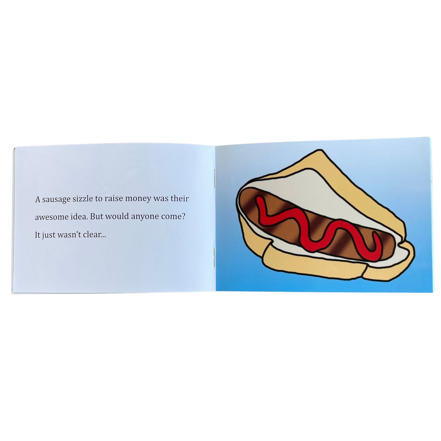 Sausage Sizzle - soft cover children's story book. Inside pages showing text and images from the story.