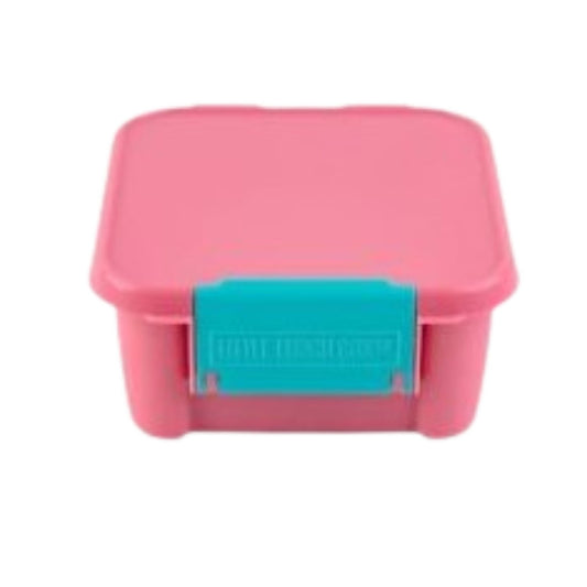 Pink bento style lunch box with blue clip from Little Lunch Box Co.