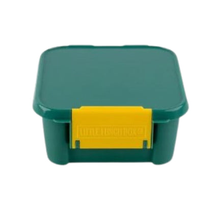 Green bento style lunch box with yellow clip from Little Lunch Box Co.
