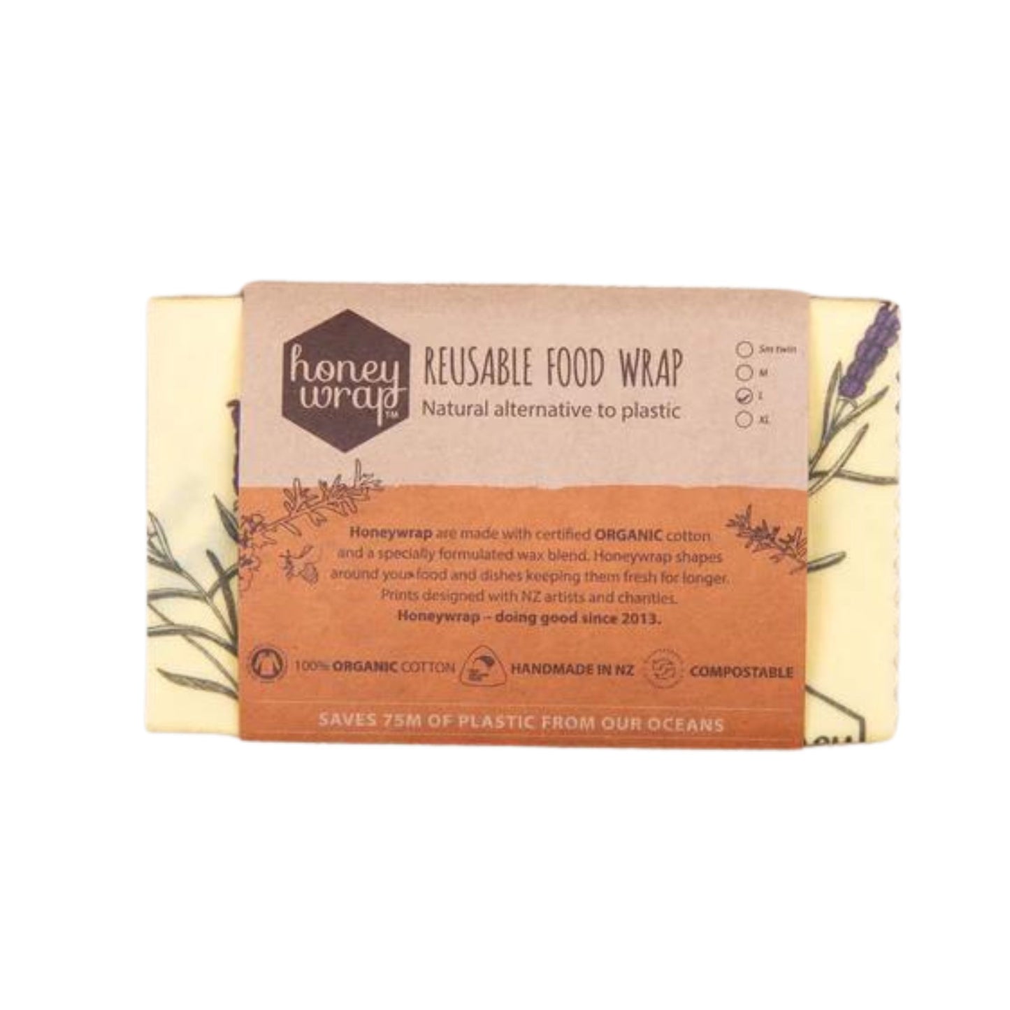 Honeywrap reusable food wrap made from organic cotton and a bees wax blend. Used to wrap over foods instead of using single use plastic.