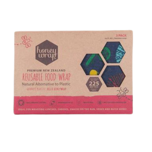 Honeywrap reusable food wrap made from organic cotton and a bees wax blend. Used to wrap over foods instead of using single use plastic. This is a pack of 3.