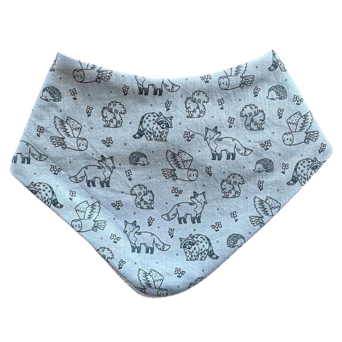 Baby dribble bib in light blue fabric with darker blue woodland animals printed on it.