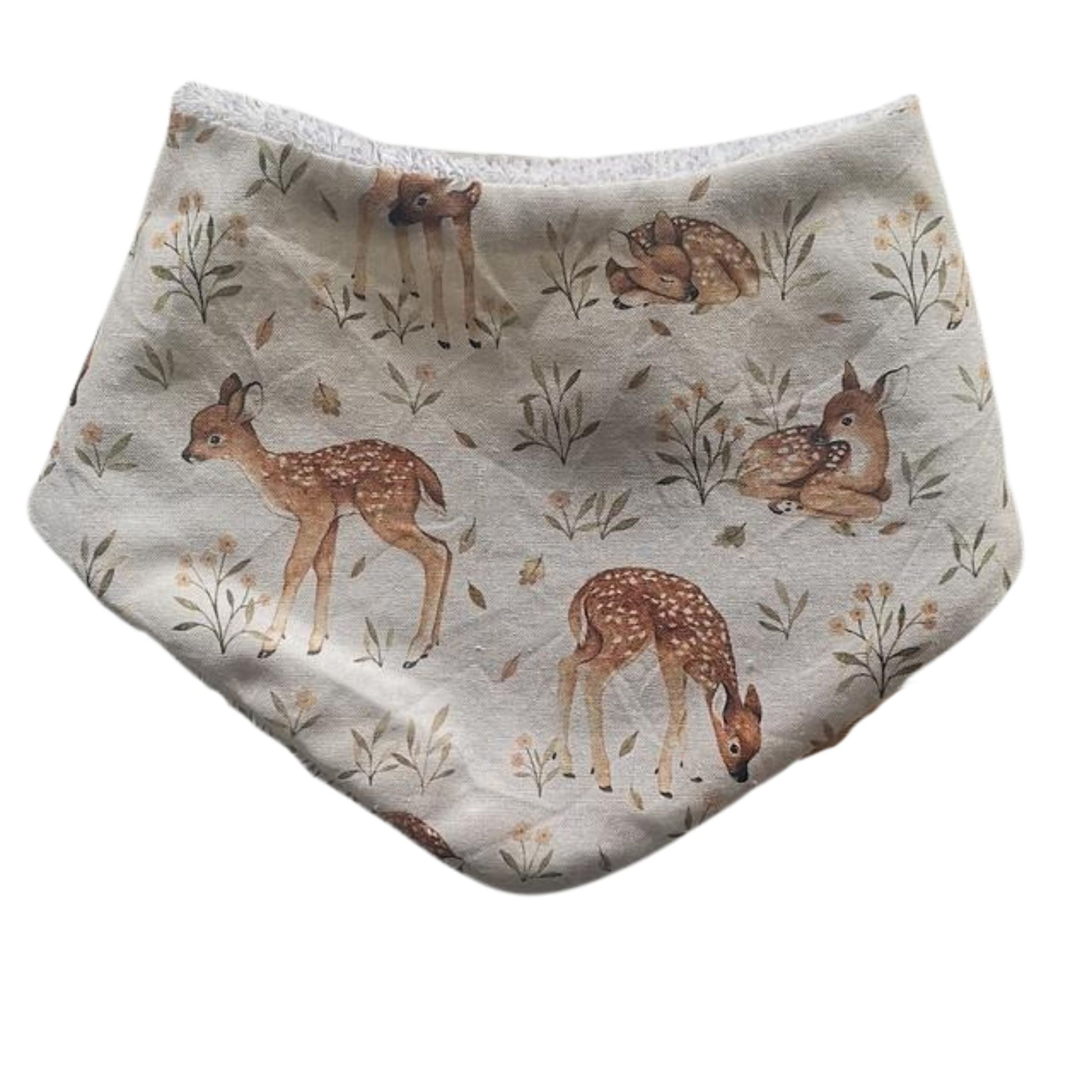 Baby dribble bib in cream fabric with watercolour deer fawns and flowers.