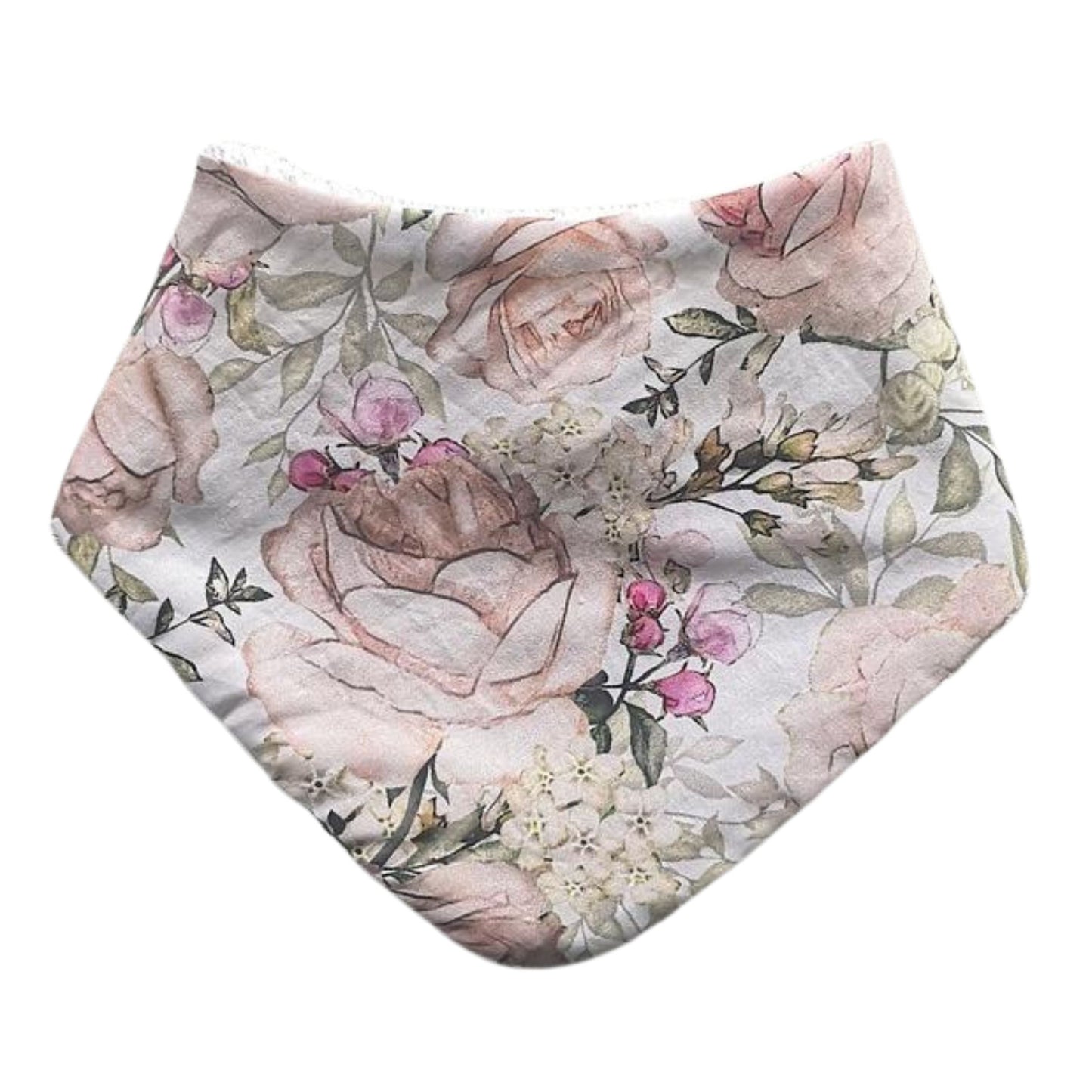Baby dribble bib in pale pink with pink and cream rose print.