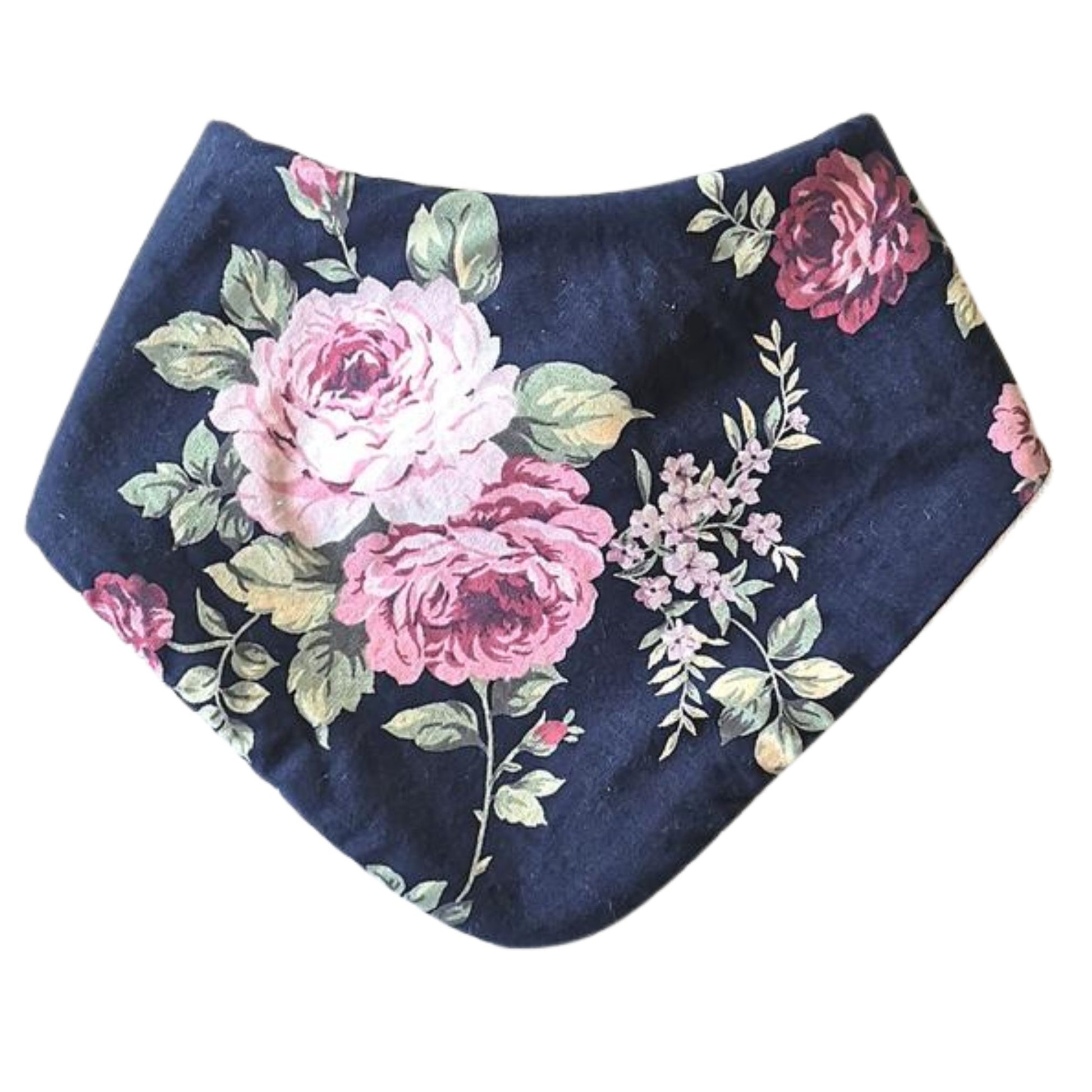 Lovely hand made baby bib with Rose print with navy blue background.