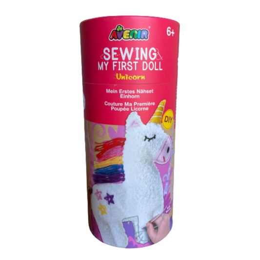Childrens unicorn sewing kit in a cardboard tube.