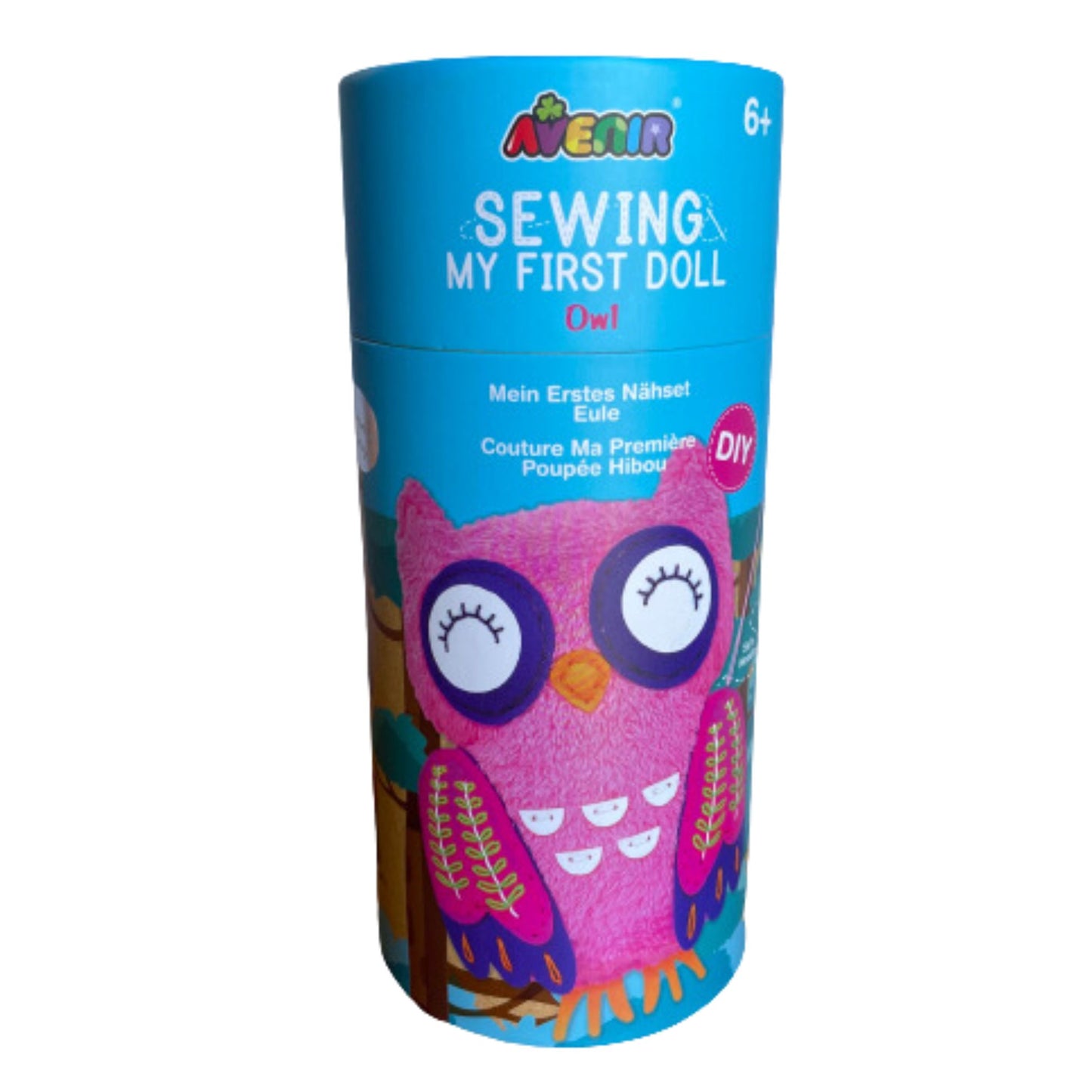 Childrens owl sewing kit in a cardboard tube.
