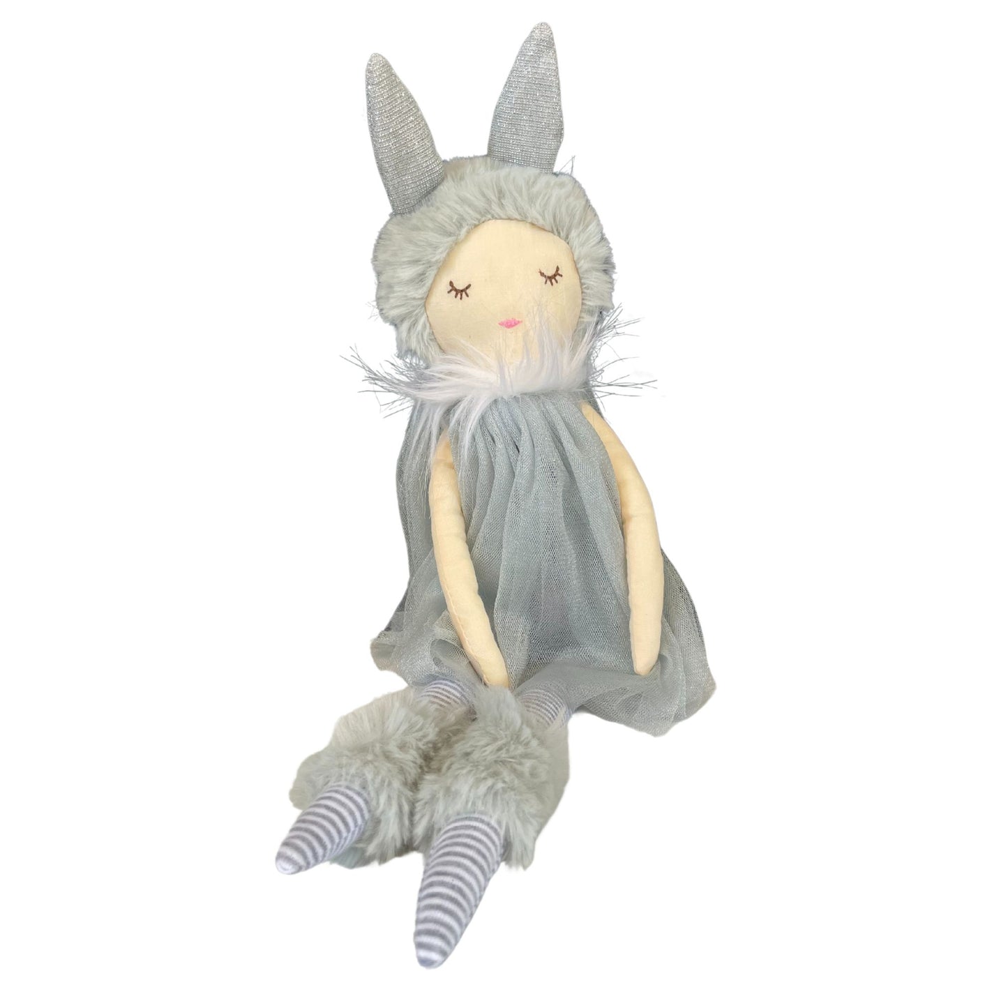 Sleepy Luna doll soft toy. Pretty little doll wearing a great dress with a fluffy great hat and sliver bunny ears.
