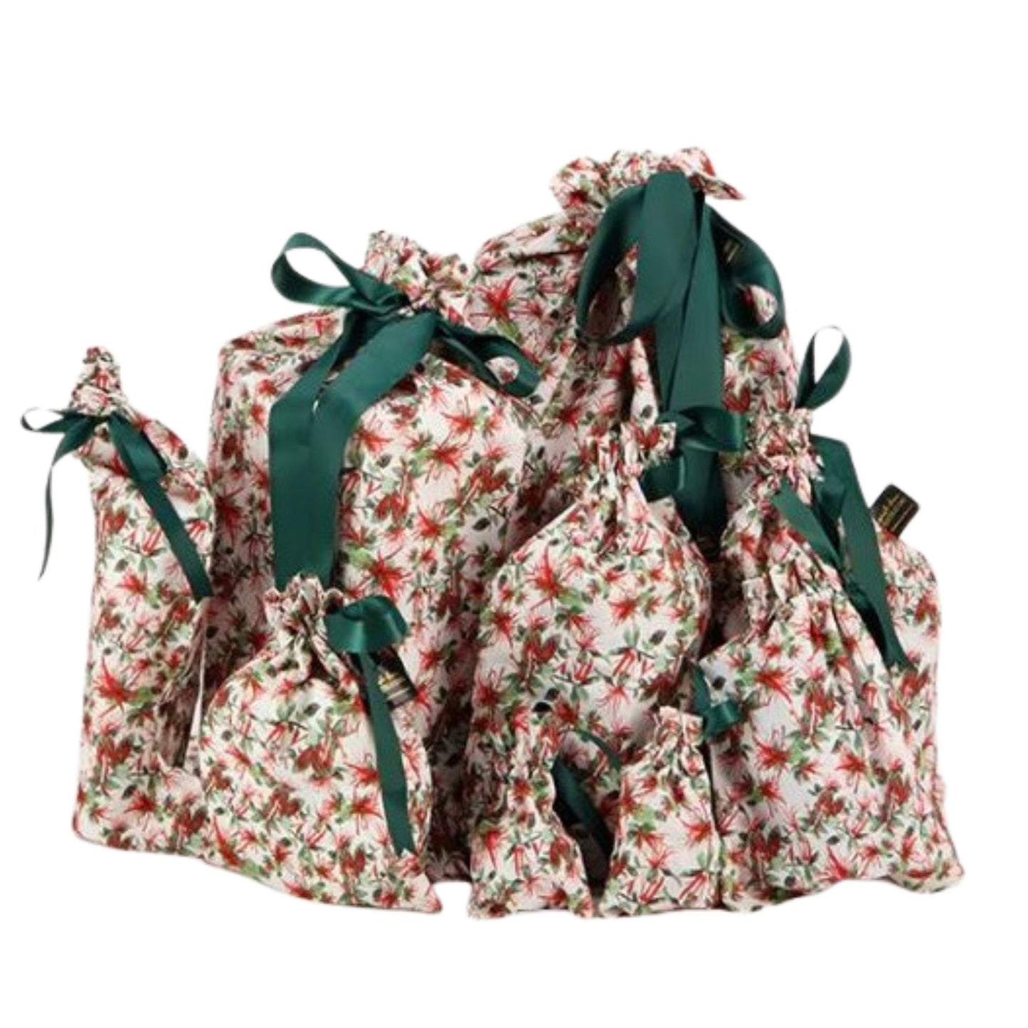 Reusable Christmas gift bags with a native NZ mistletoe print and tied with a green ribbon.