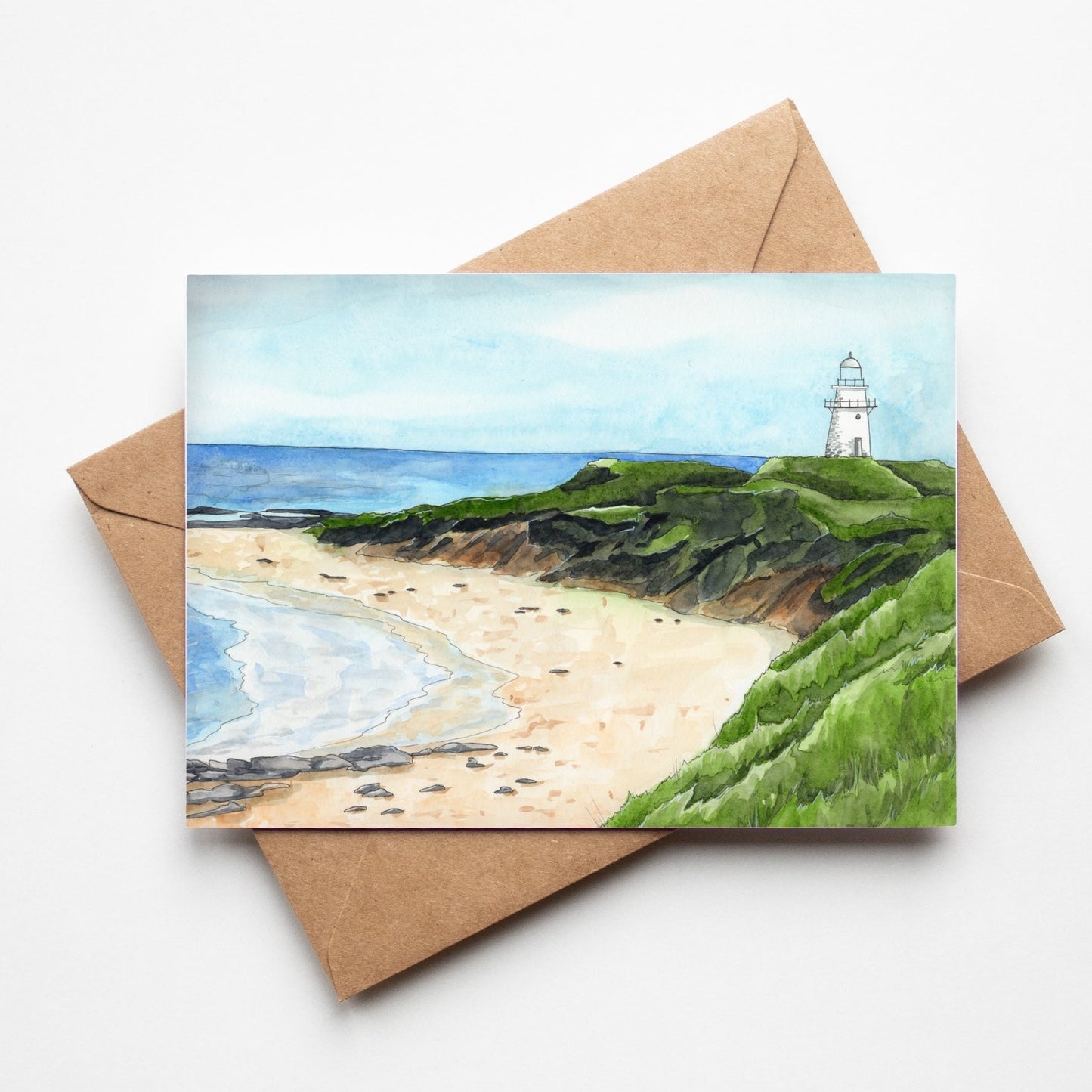 Greeting card by artist Leah Ingram featuring Waipapa Point Lighthouse.