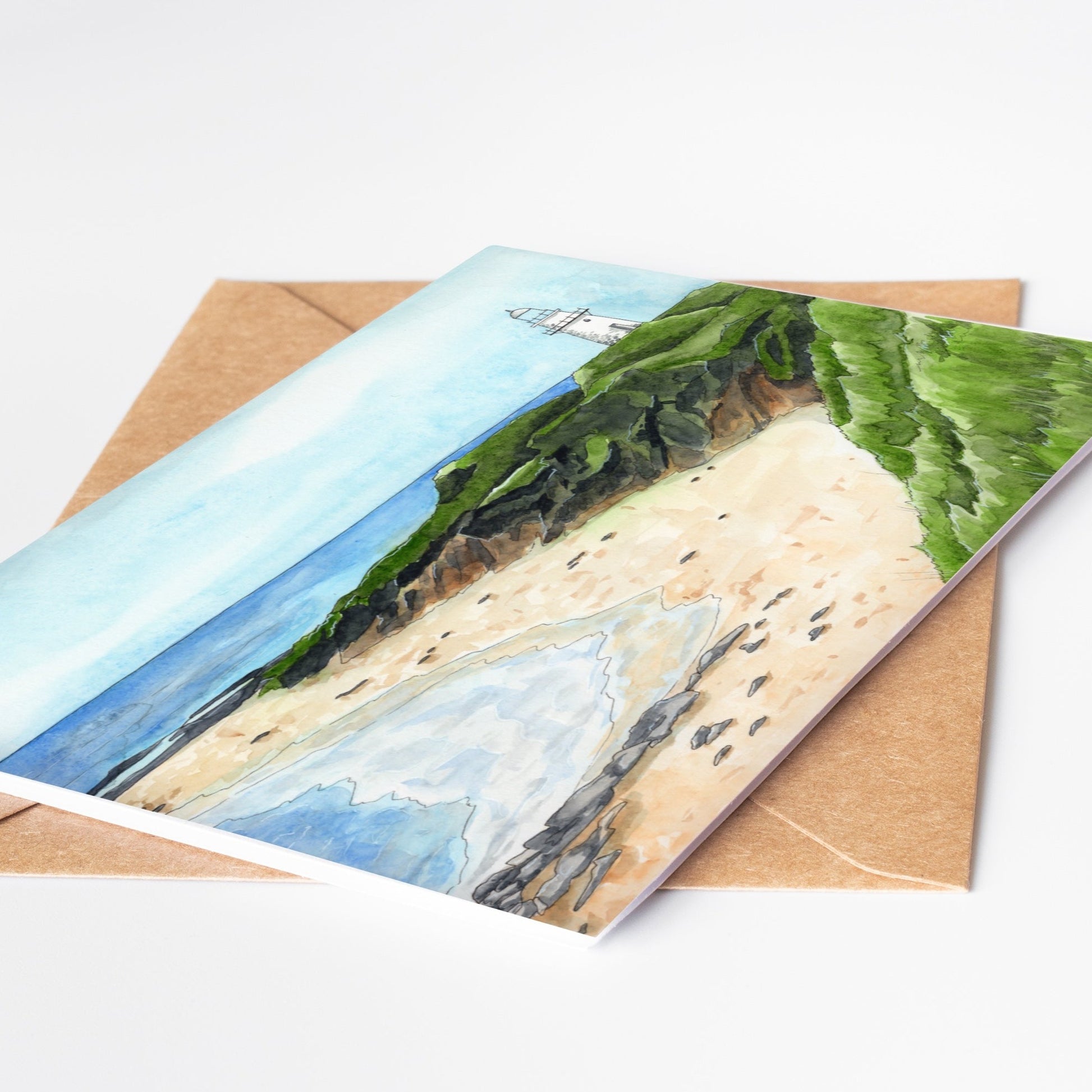 Greeting card by artist Leah Ingram featuring Waipapa Point Lighthouse.