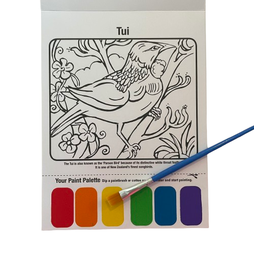 Poster art paint book page showing a Tui bird and the paint pallete.