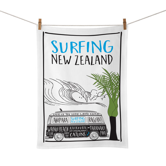 Surfing NZ tea towel with an image of a Kombi Van and NZ surf spots written on the van.