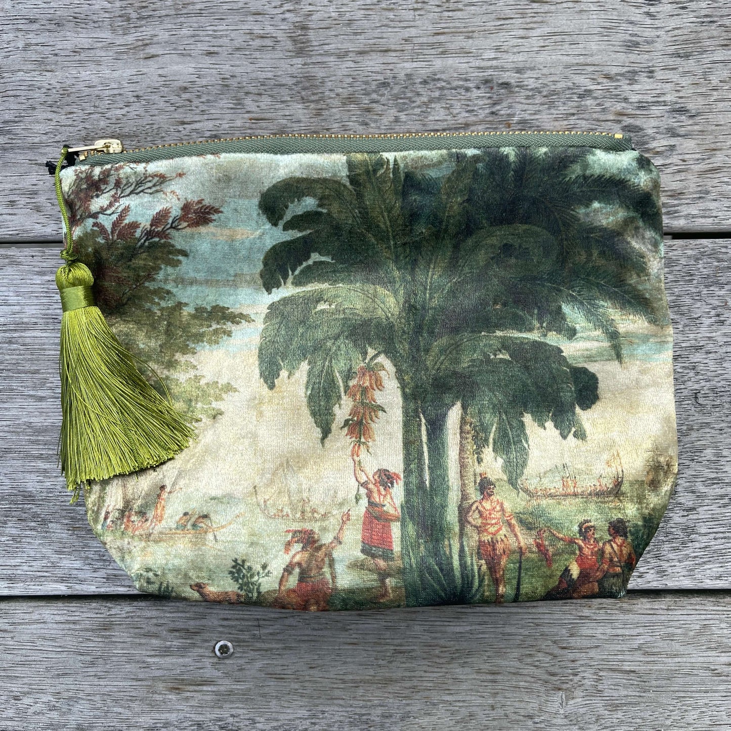 Velvet cosmetic bag featuring a scene from a Joseph Dufour painting.