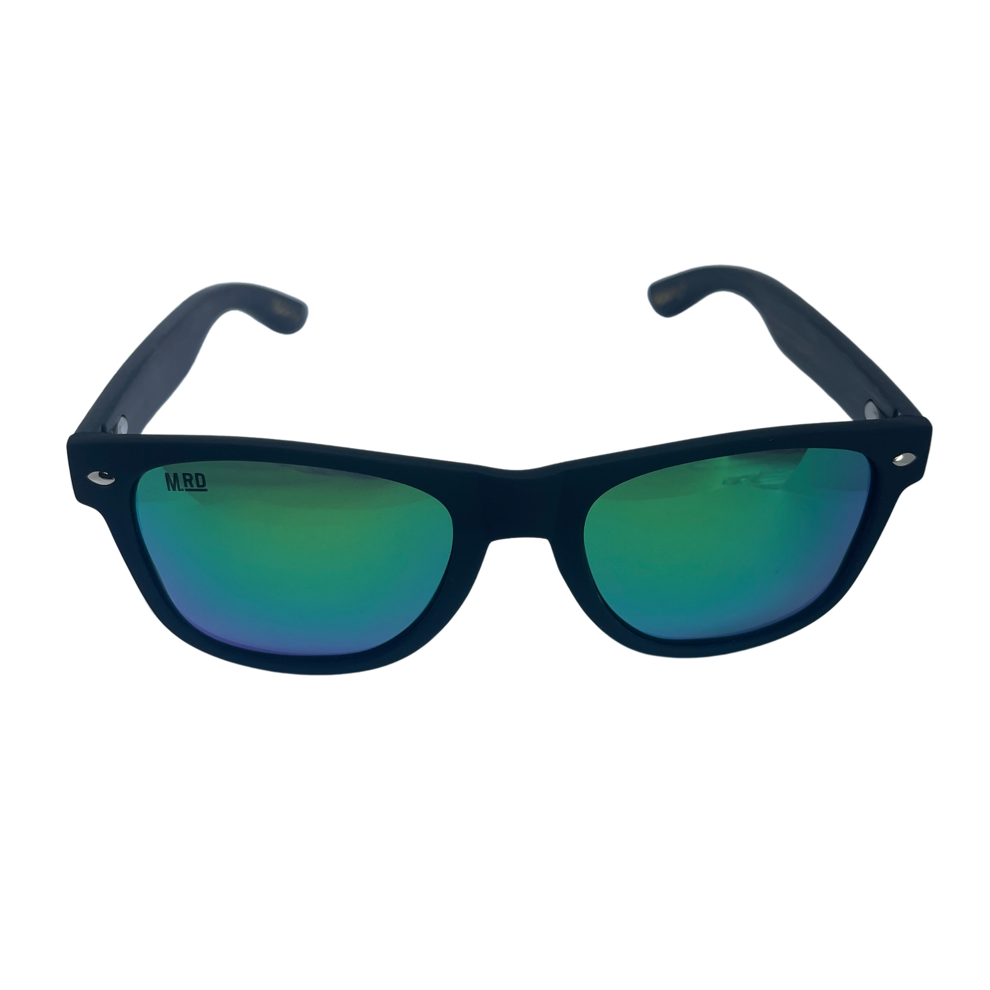 Sunglasses with dark wooden arms, black frames and green reflective lenses.
