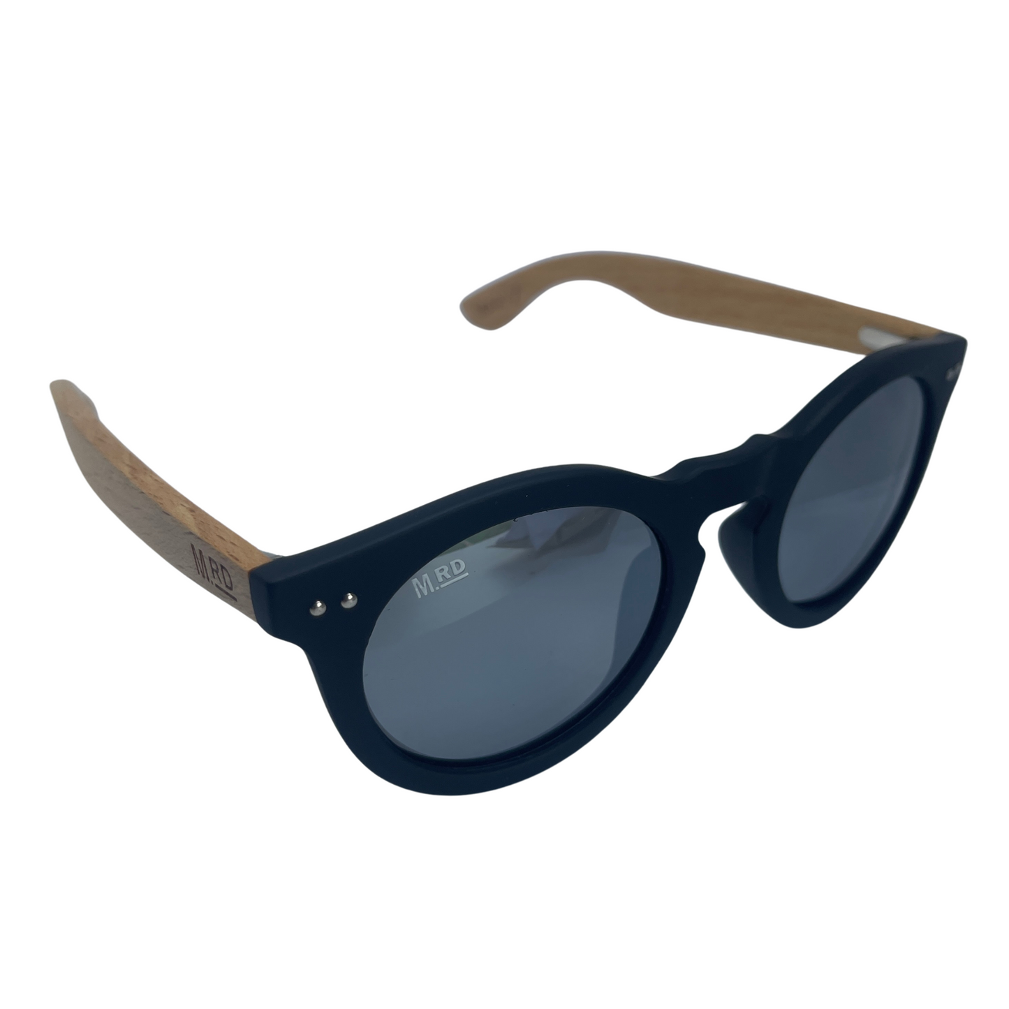 Womens sunglasses with black frames, wooden arms and silver reflective lenses in a Grace Kelly style.