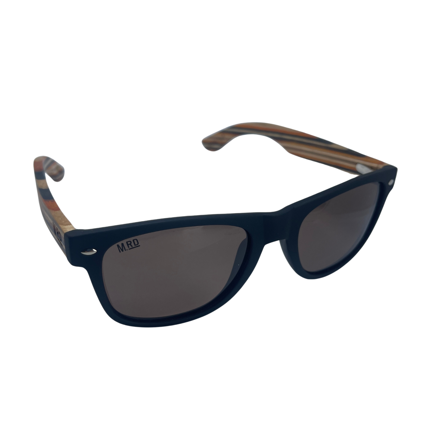 Black frame sunglasses with wooden striped arms.