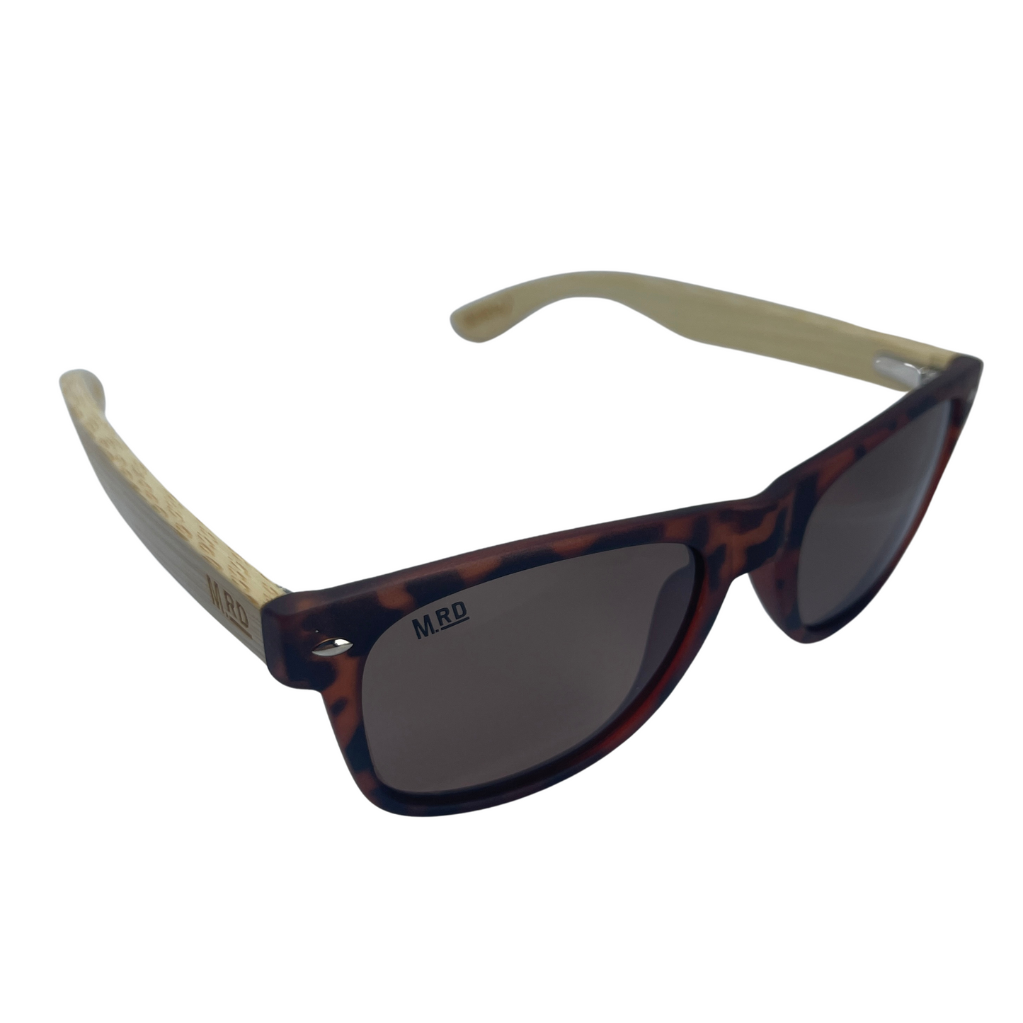 Sunglasses with brown tortoiseshell frames and wooden arms.