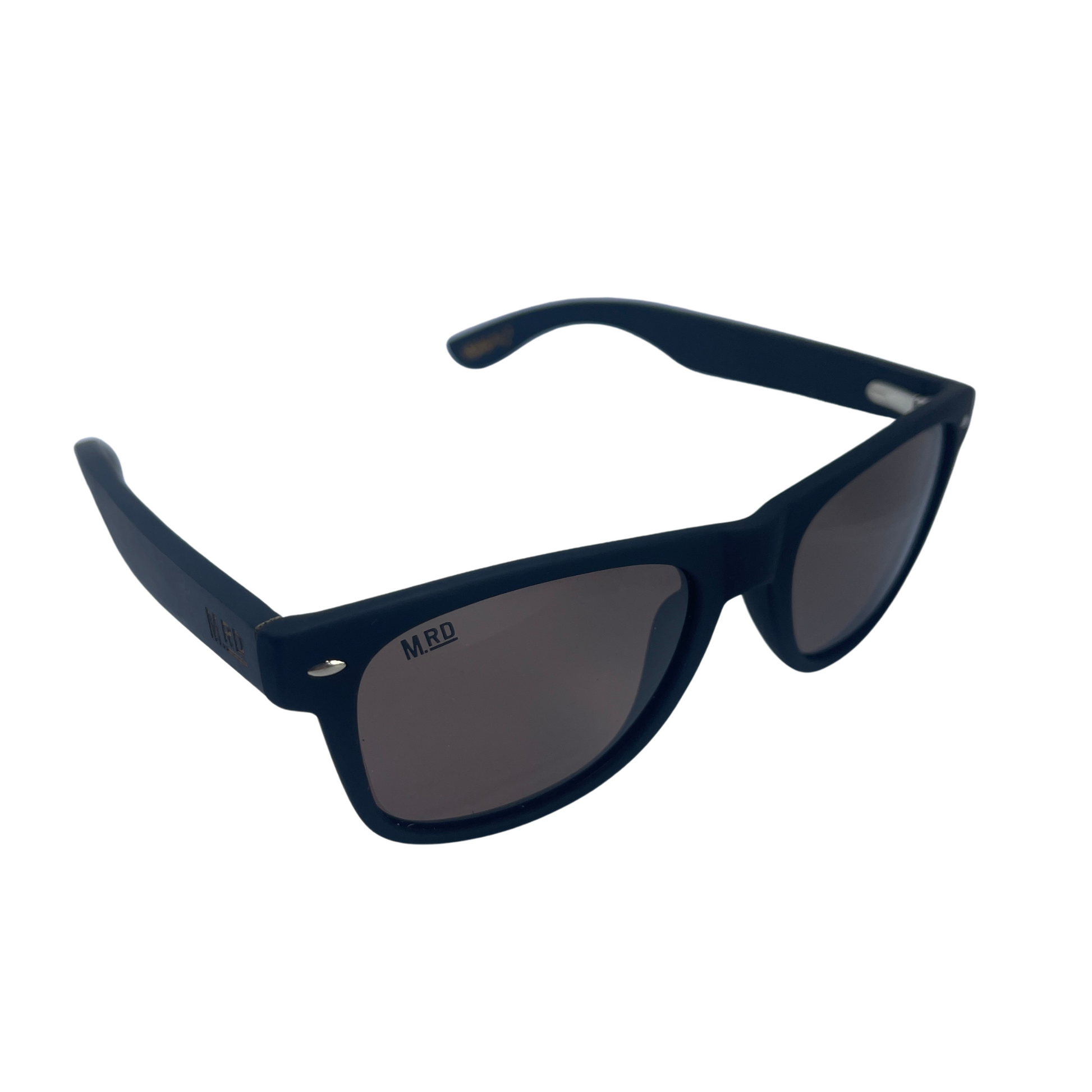 Sunglasses with dark wooden arms, black frames and dark lenses.