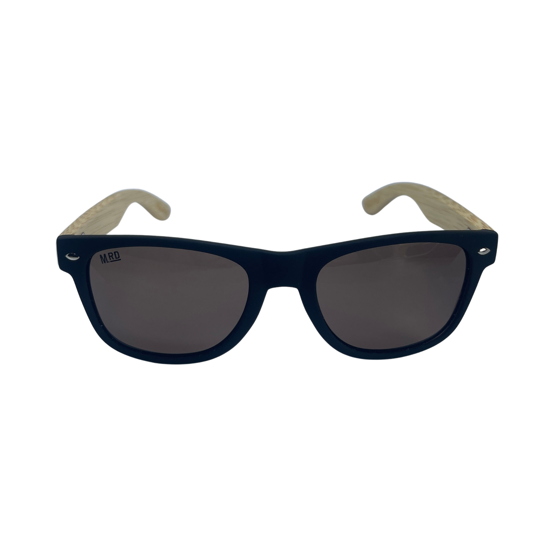 Sunglasses with wooden arms, black frames and brown lenses.