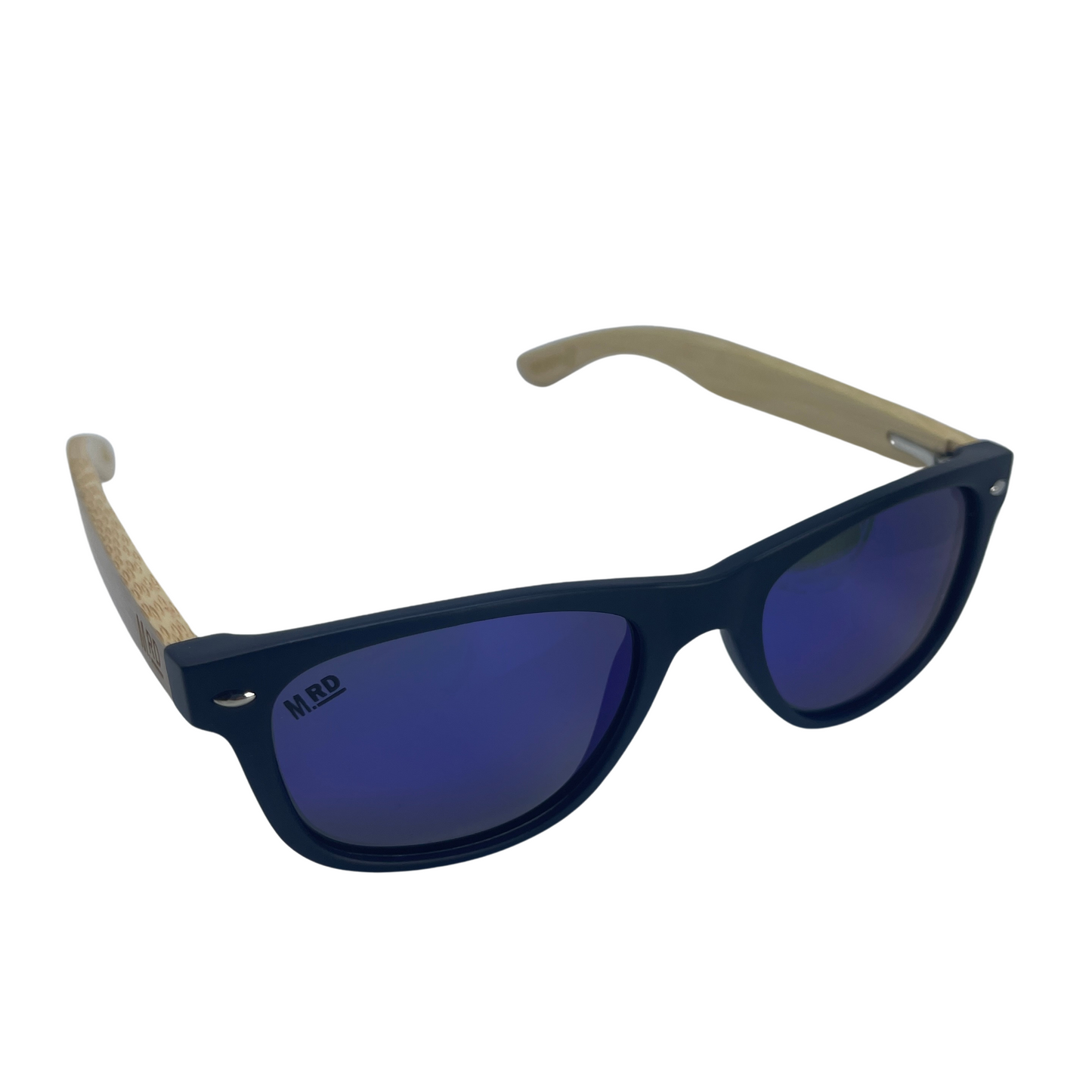 Kids sunglasses with Navy blue frames, blue lenses and wooden arms.