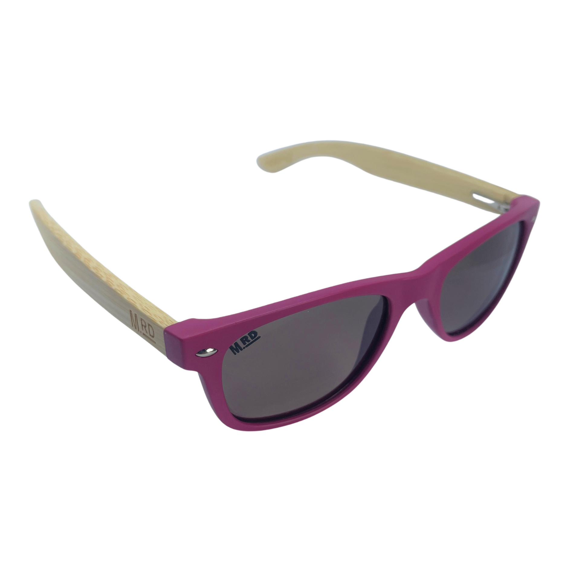 Kids sunglasses with pink frame and wooden arms.