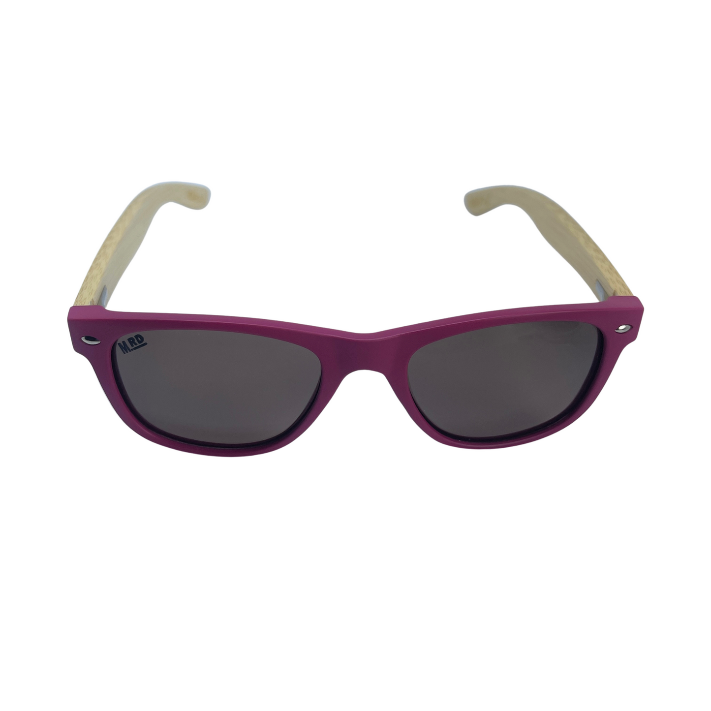 Kids sunglasses with pink frame and wooden arms.