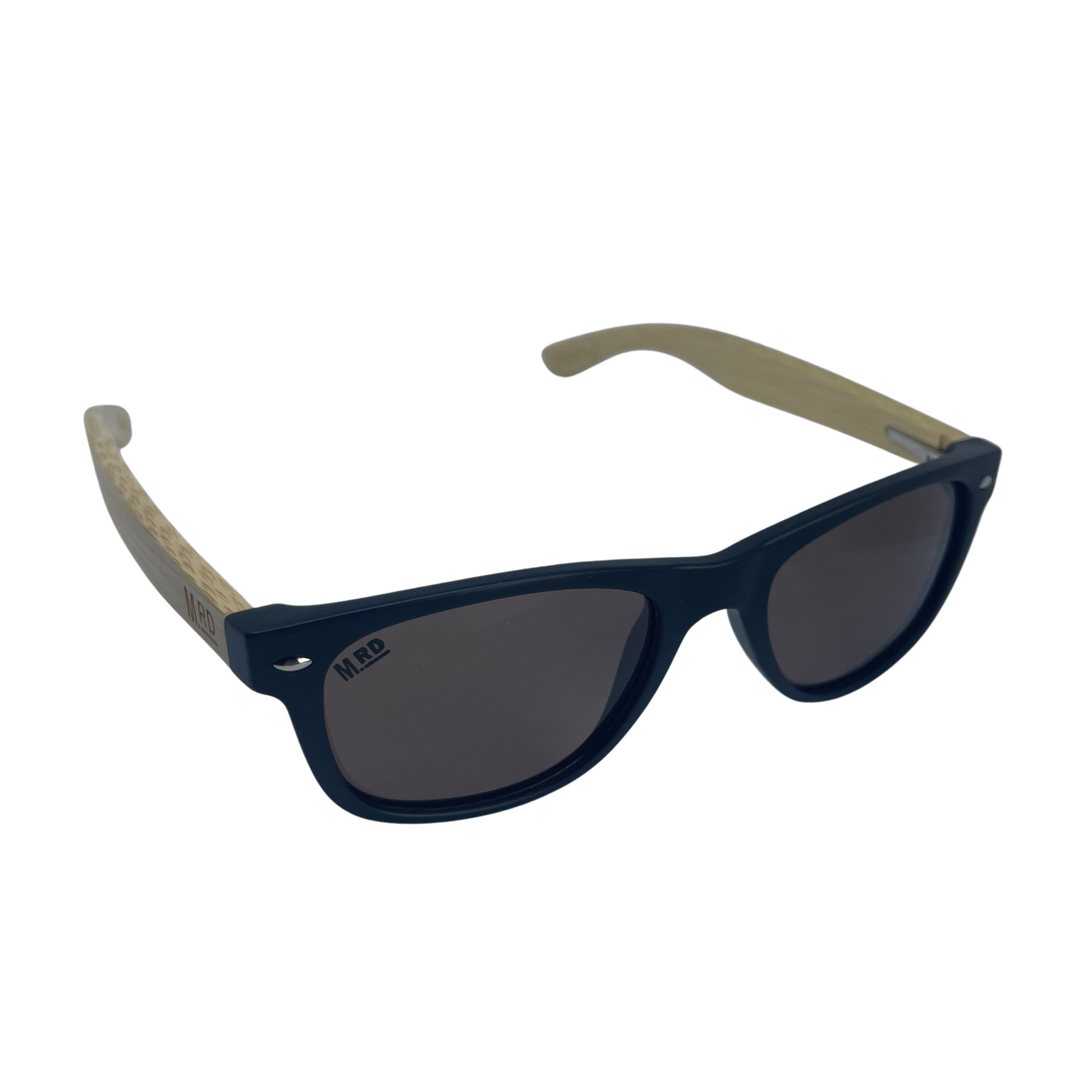 Kids sunglasses with black frame and wood arms.