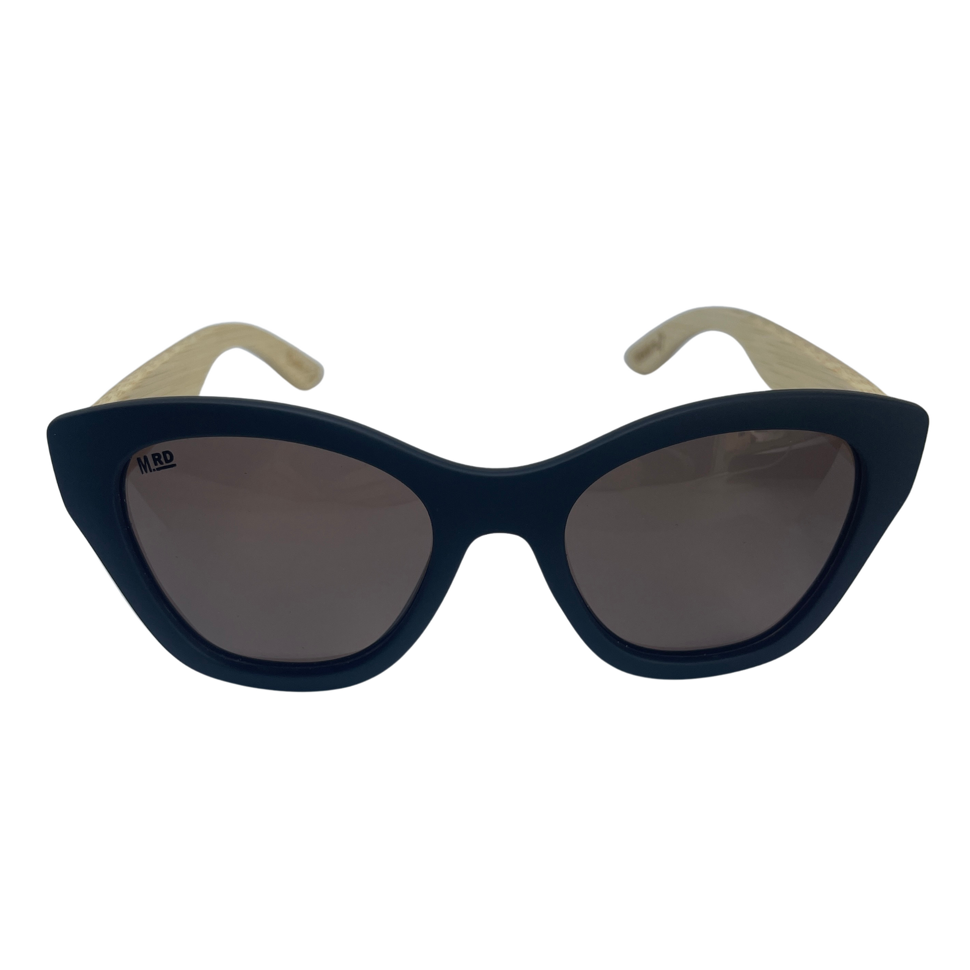 Womens sunglasses with black frames and wooden arms, in an Audrey Hepburn style.